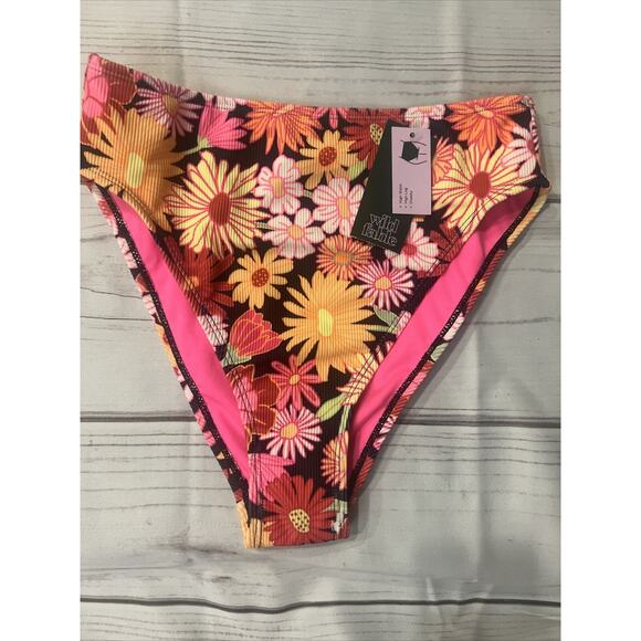 Wild Fable Ribbed High Waist High Leg Cheeky Bikini Bottom Floral Women XS NWT - Picture 2 of 5